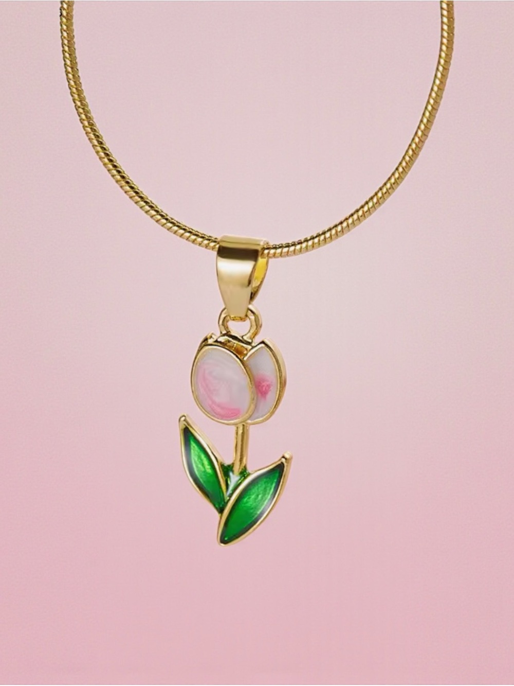 Tulip Pendant Necklace with Pink Flower and Green Leaves